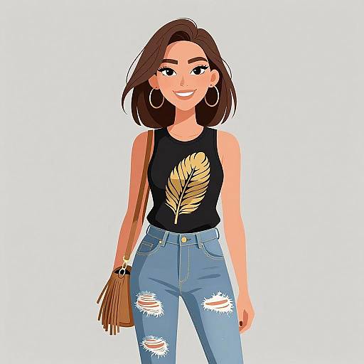 Digital illustration of a smiling woman with dark brown hair, wearing a black sleeveless top with a gold feather, blue distressed jeans, large hoop earrings,