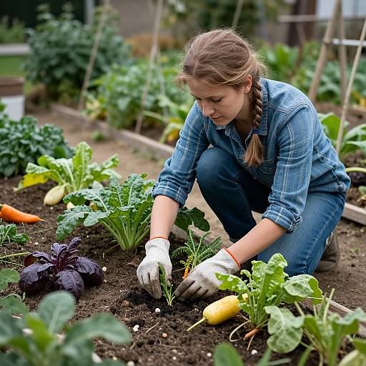 Photograph of a young woman with blonde hair in a braid, wearing a blue denim shirt and white gloves, tending to a vibrant garden with