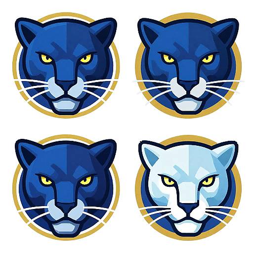 Digital illustration of four stylized panther heads, each with yellow eyes, white whiskers, and blue or white fur, in golden circles.