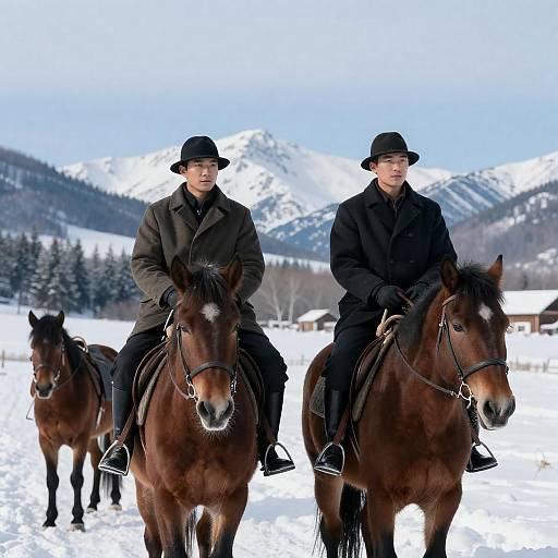 Two Men Horseback Riding in Snowy Mountain Landscape
