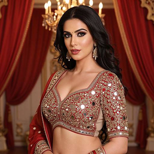 Photograph of a dark-haired woman with medium skin, wearing an ornate red and gold embellished crop top and matching dupatta, standing in an