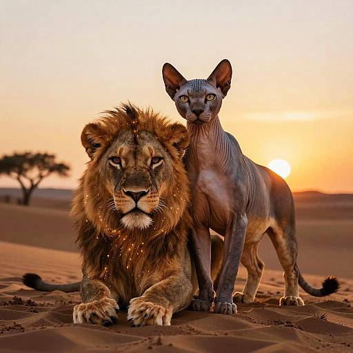 Amber Sphinx Embracing Lioness at Sunset