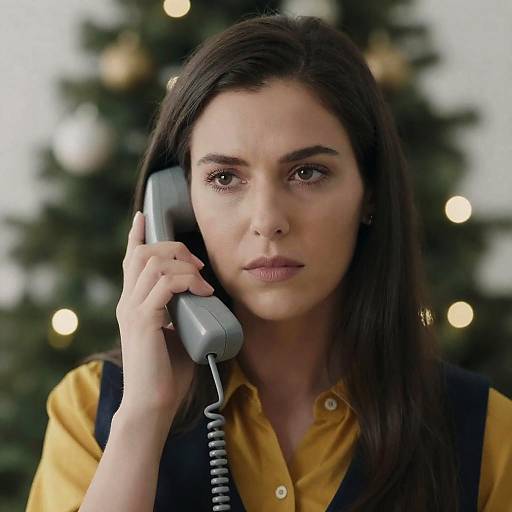 Serious Woman Talking on Phone Near Christmas Tree