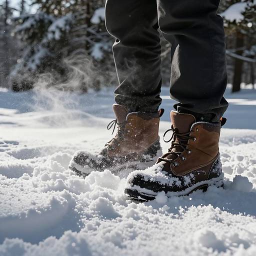 Photograph of snow-covered boots with brown leather and black laces, standing in snowy forest, showing steam rising from the ground.