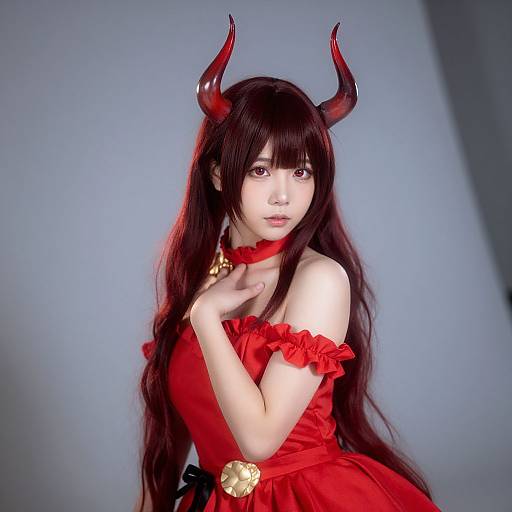 Digital anime-style photograph of an Asian woman with long, dark brown hair, red horns, red off-shoulder dress, and gold choker,