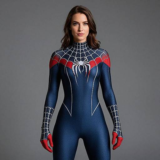 Photograph of a woman with long dark hair, wearing a tight, blue Spider-Man suit with red accents and white web patterns, standing against a gray