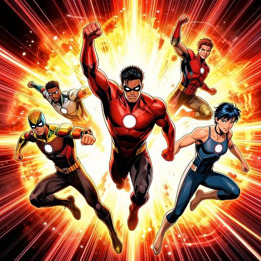 Digital comic art of five muscular superheroes in red and blue suits, with glowing circular chest icons, leaping towards a bright, fiery explosion against a red
