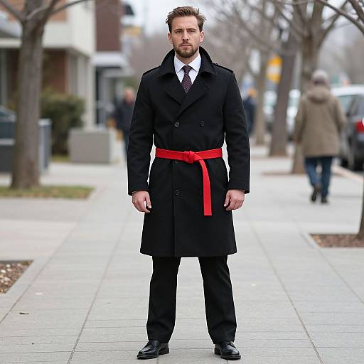 Photograph of a bearded man in a black overcoat with a red belt, standing on a city sidewalk, blurred background.