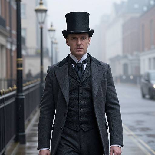 Photograph of a serious, pale-skinned man in a black Victorian suit, tie, and top hat, walking down a foggy, wet,