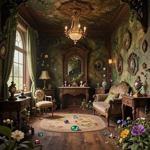 Photograph of a vintage, Victorian-style room with dark green wallpaper, wooden furniture, ornate chandelier, scattered colorful glass orbs, floral patterns,