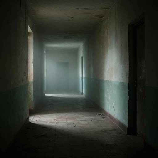 Photograph of a dimly lit, abandoned hallway with peeling paint, misty light at the far end, and scattered debris on the floor.