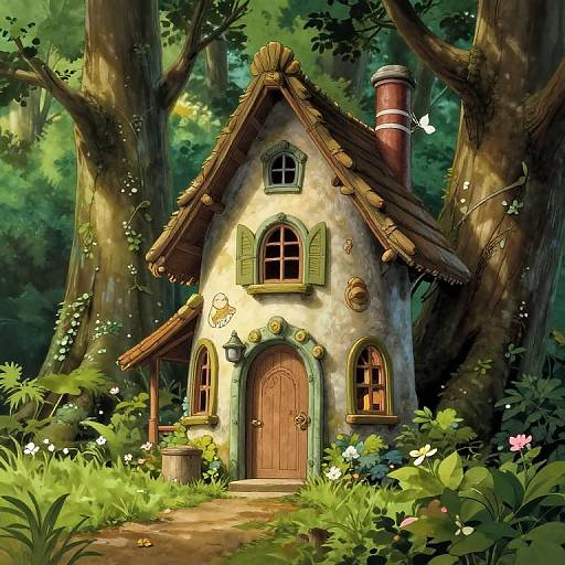 Whimsical fairy tale cottage with yellow walls, green shutters, and a red chimney, nestled in a lush, sunlit forest.