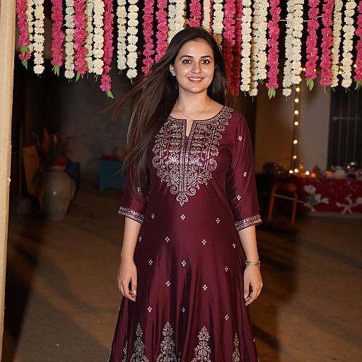 Photograph of a smiling Indian woman with long black hair, wearing a maroon embroidered kurti, standing under pink and white flower garlands.