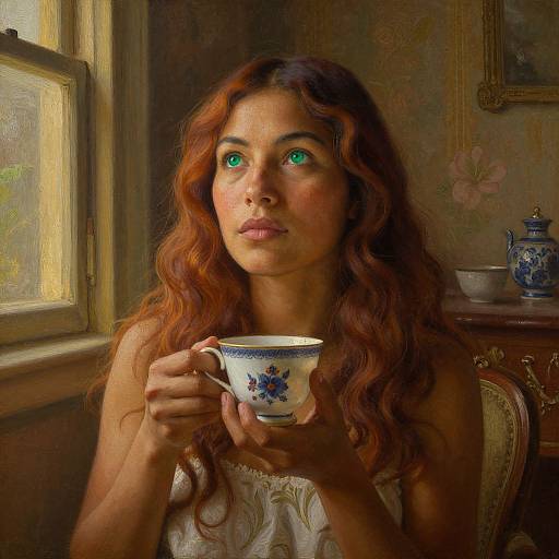 Photorealistic painting of a woman with long, wavy auburn hair, green eyes, and fair skin, holding a blue floral teac
