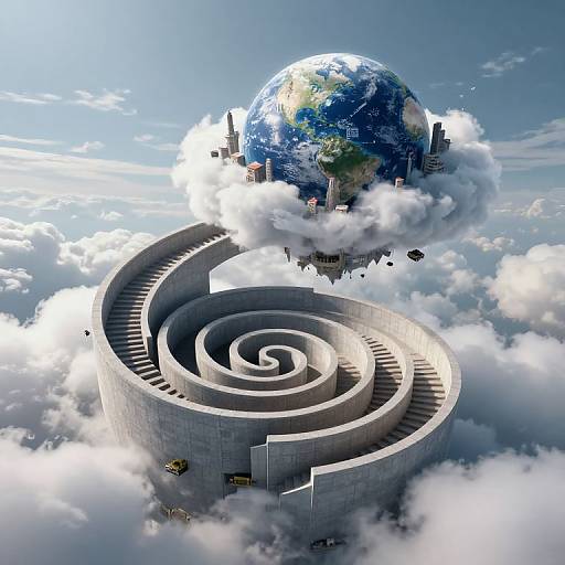 Digital artwork of a swirling concrete maze ascending into the sky, ending in a floating city with skyscrapers and Earth, surrounded by clouds.