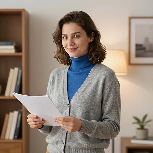 Smiling Woman Holding Paper in Cozy Room