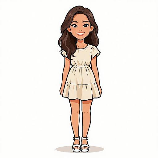 Cartoon illustration of a smiling young woman with long dark brown hair, wearing a white short-sleeved dress and white sandals, standing against a plain