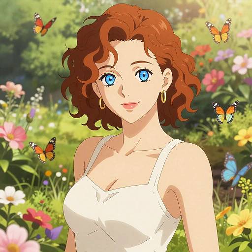Anime-style digital drawing of a red-haired woman with blue eyes, wearing a white tank top, surrounded by colorful butterflies and vibrant flowers in a sunny garden