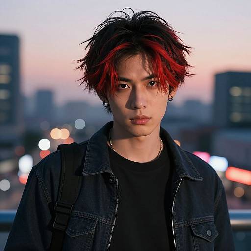 Photograph of a young Asian man with red and black spiky hair, wearing a black shirt and denim jacket, against a cityscape backdrop at dusk