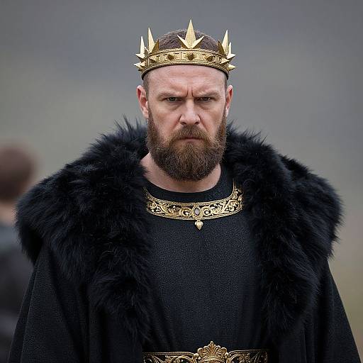 Photograph of a bearded man with a serious expression, wearing a golden crown with spikes, black fur robe, and intricate gold necklace. Background is