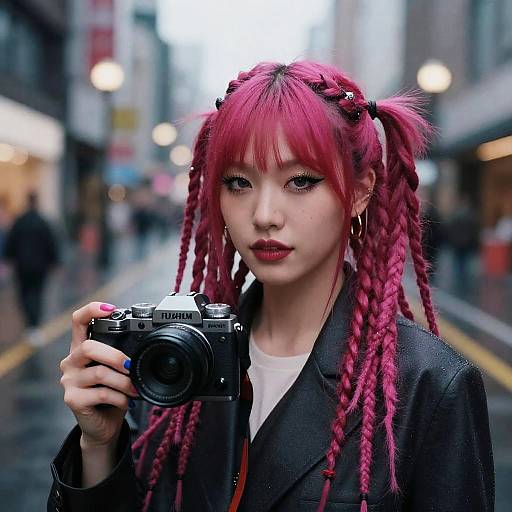 Photograph of a young Asian woman with vibrant pink dreadlocks, holding a camera, wearing a black jacket, standing in a rainy urban street at dusk