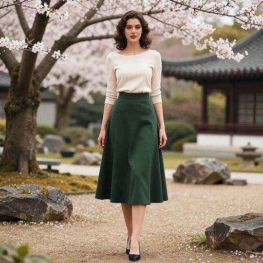 Photograph of a young woman with curly brown hair, wearing a white long-sleeve top and green A-line skirt, standing in a cherry blossom