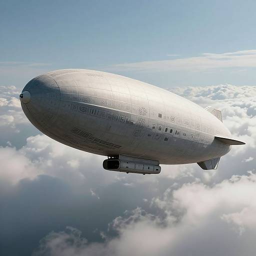 Photograph of a silver, vintage-style Zeppelin airship flying above a sea of fluffy white clouds under a clear blue sky.