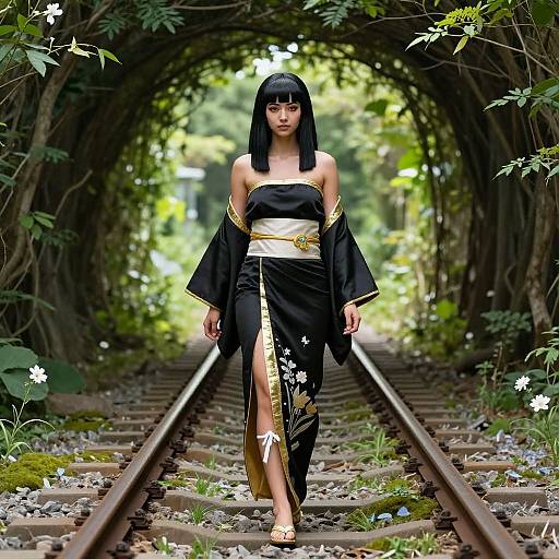 Cinematic Black-Haired Girl on Tracks