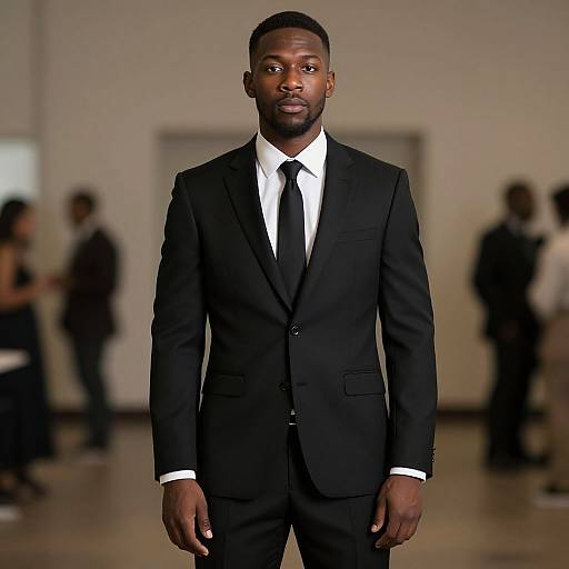 Photograph of a Black man in a black suit, white shirt, and black tie, standing confidently on a fashion runway.
