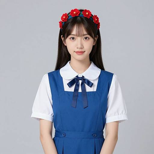 Woman in Blue Dress with Red Floral Headband