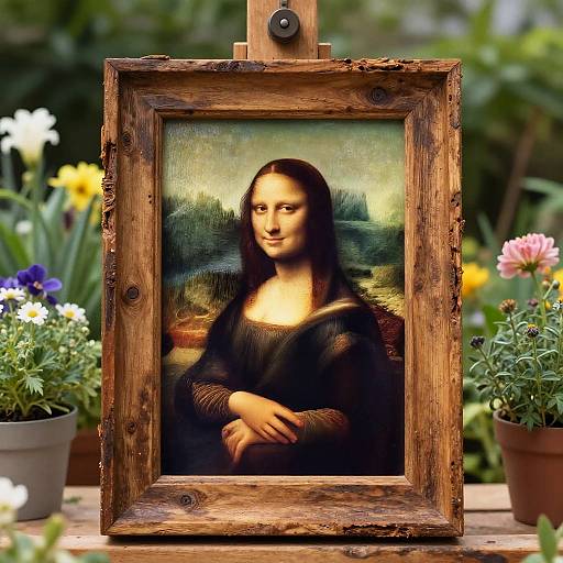 Mona Lisa in Rustic Wooden Frame Outdoors