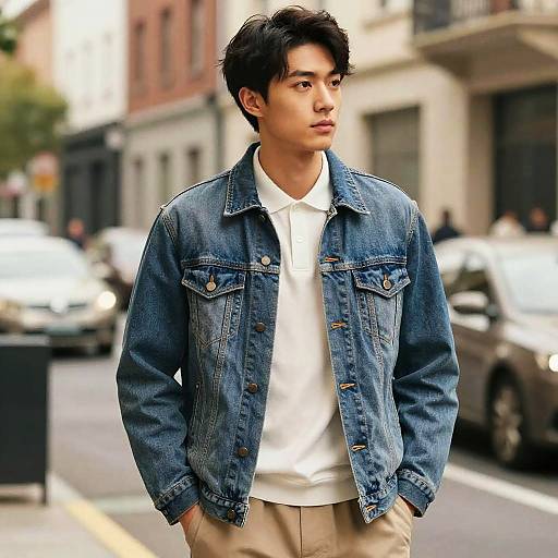 Photograph of a young Asian man with short black hair, wearing a blue denim jacket and white shirt, standing on a city street with blurred cars and