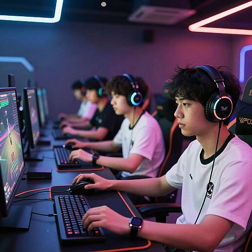 Photograph of four Asian teenage boys in a dimly lit gaming room, wearing white t-shirts and large headphones, intensely focused on their computer screens.