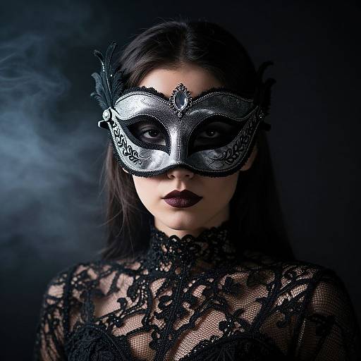 Photograph of a woman with dark hair, wearing a silver, ornate masquerade mask and black lace top, set against a dark, sm