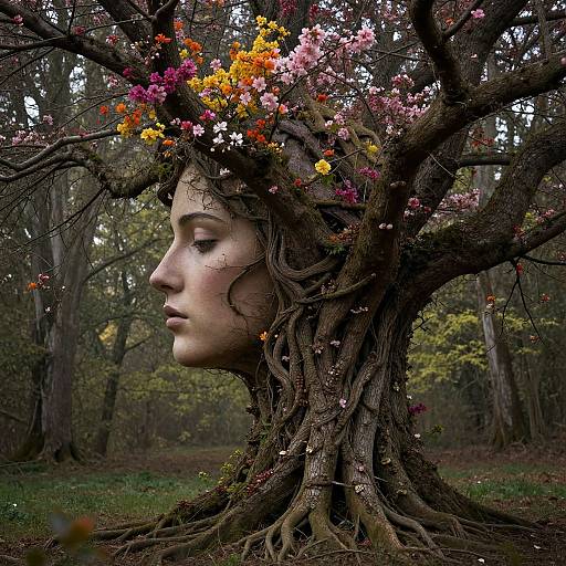 Photograph of a tree blending with a woman's face, her fair skin, closed eyes, and pink lips enveloped by dark, twisted branches adorned
