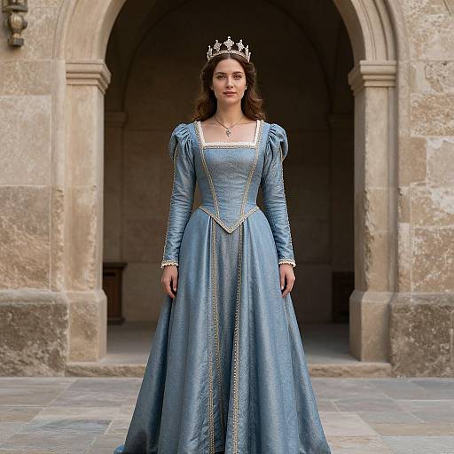 Photograph of a young woman in a blue, medieval-style gown with puffed sleeves, wearing a silver crown, standing in front of a stone arch