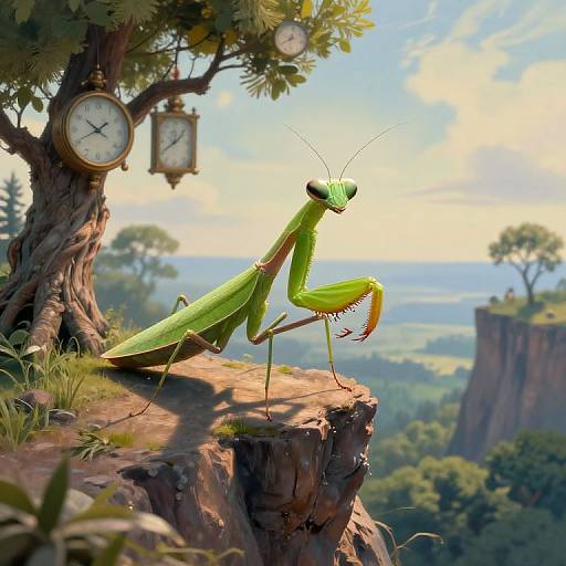 Digital illustration of a green praying mantis with yellow accents standing on a cliff, surrounded by clocks on a tree, overlooking a lush valley and distant cliff
