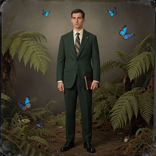 Photograph of a serious, dark-haired man in a green suit, white shirt, and striped tie, holding a black folder, surrounded by blue butterflies