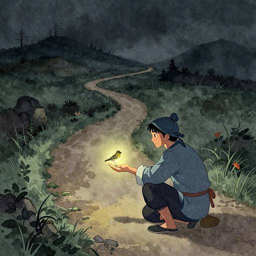 Digital illustration of a young boy in traditional attire, squatting by a lit lantern on a winding forest path at night.