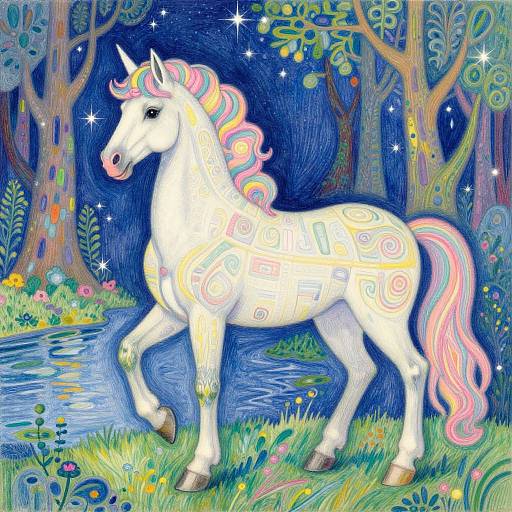 Whimsical drawing of a white unicorn with pastel rainbow mane and tail, adorned with circular patterns, walking in a vibrant, starry forest by