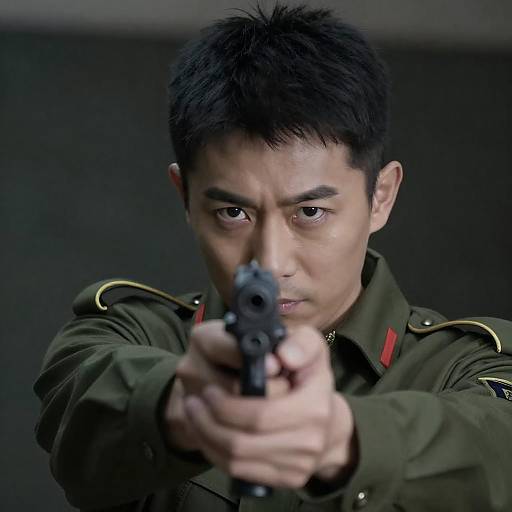 Intense Dark-Haired Man Aiming Gun