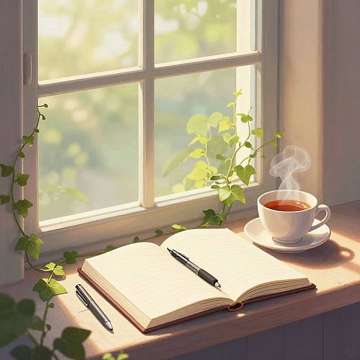 Sunlit window sill with open book, pen, and steaming teacup, vines climbing window, bright greenery outside, warm, cozy morning