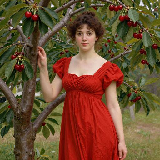 Photograph of a young woman with curly brown hair, fair skin, wearing a red dress, standing in a cherry tree orchard, touching a branch