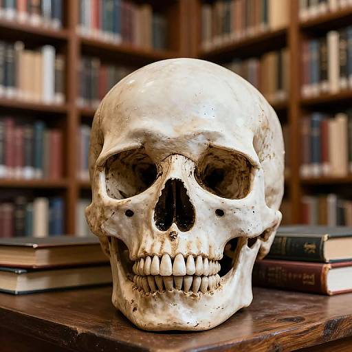 Photograph of a detailed, white human skull on a wooden table, with blurred bookshelves filled with colorful books in the background.