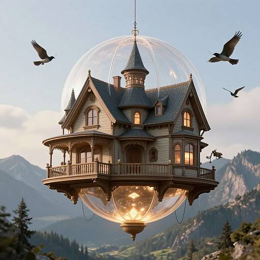 Fantastical CGI image of a Victorian-style house with glowing windows, suspended inside a transparent glass dome, surrounded by flying birds, set against a mountain