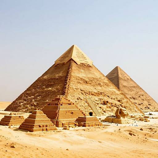 Photograph of two large, weathered pyramids in a sandy desert, with smaller stepped structures in front, under a clear, bright blue sky.