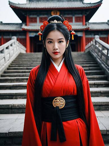 Photograph of an Asian woman in a vibrant red traditional Korean hanbok, black hair adorned with red flowers, standing on stone steps in front of