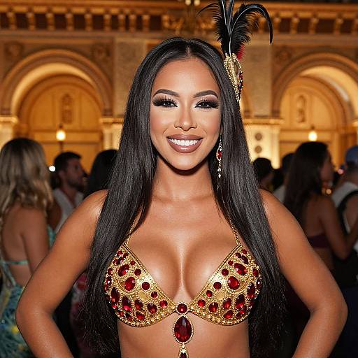Photograph of a smiling Asian woman with long black hair, wearing a gold and red gemstone bikini top, feathered headpiece, and ornate