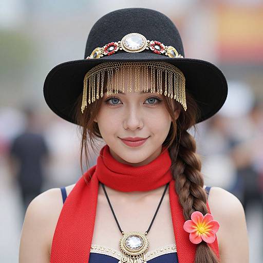 Photograph of a young woman with fair skin, blue eyes, and brown hair in a braid, wearing a black hat with gold fringes,