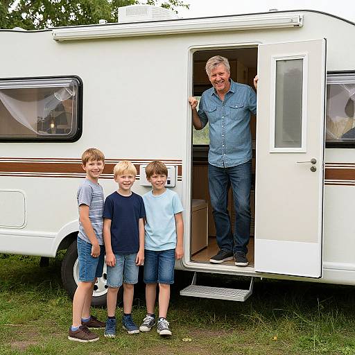 Photograph of a gray-haired man in a blue shirt standing in a white RV's open door, flanked by three smiling boys in casual clothes,